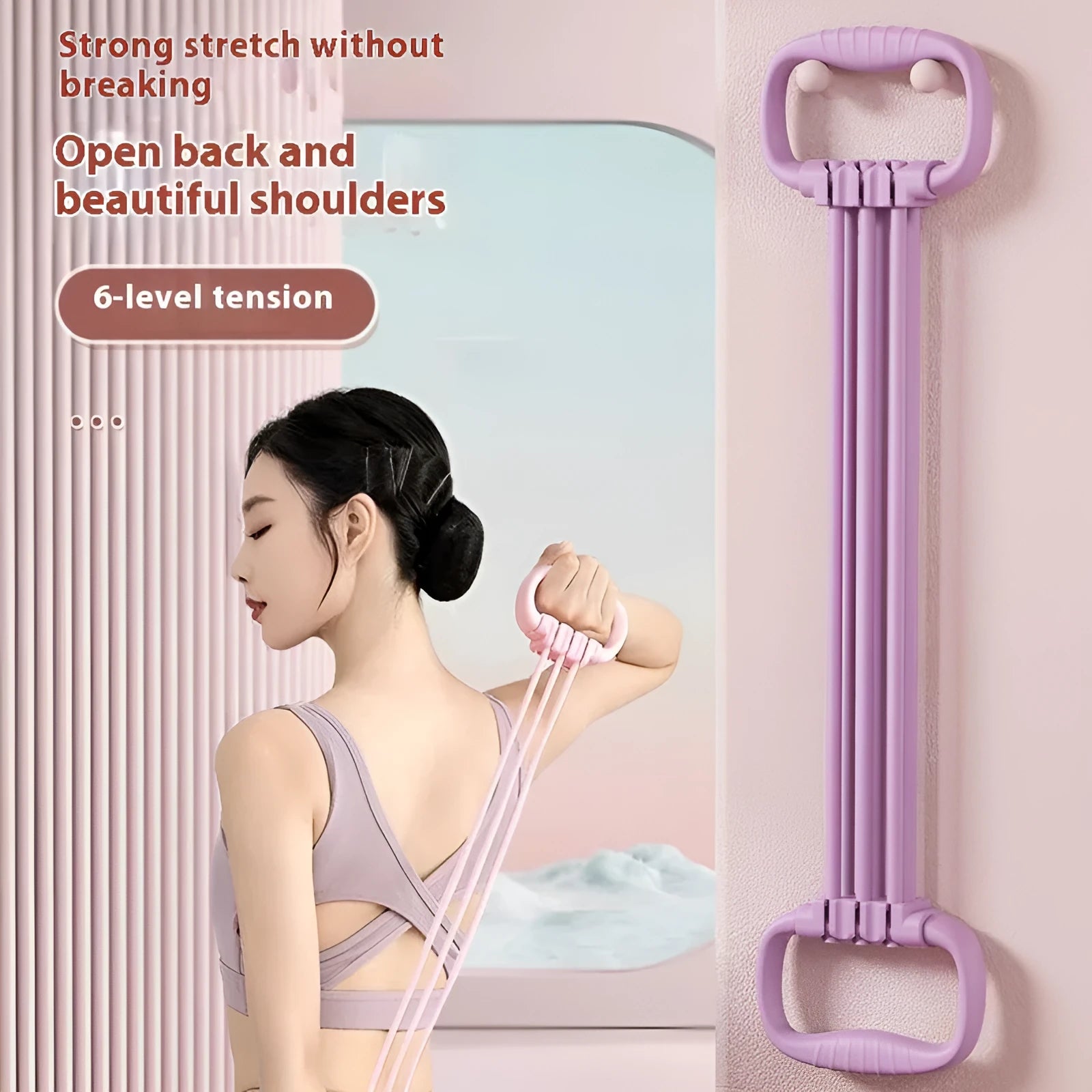 Women's adjustable chest expander with TPE tensile rope in blue, pink, or purple colour.