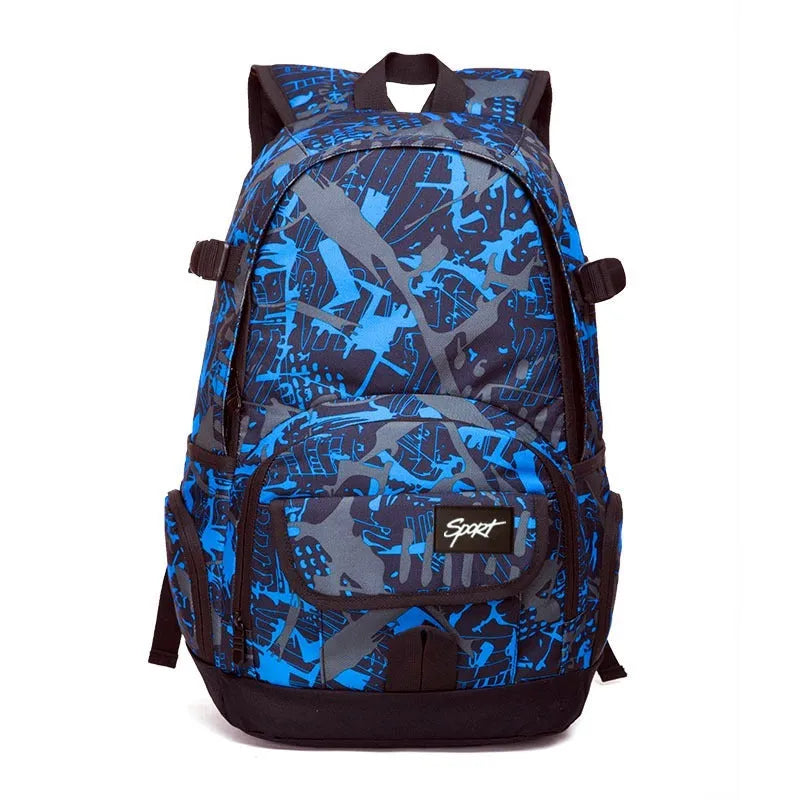 Classic large blue nylon backpack for school and travel displayed.