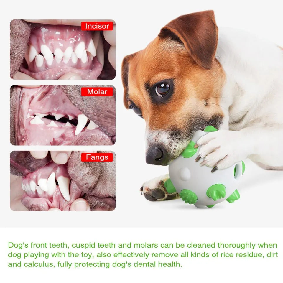 Blue, green, and yellow dog teething chew ball with serrated bumps and hollow centre.