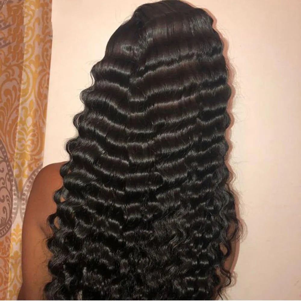 Deep wave human hair lace frontal wig black medium long length 8 inches