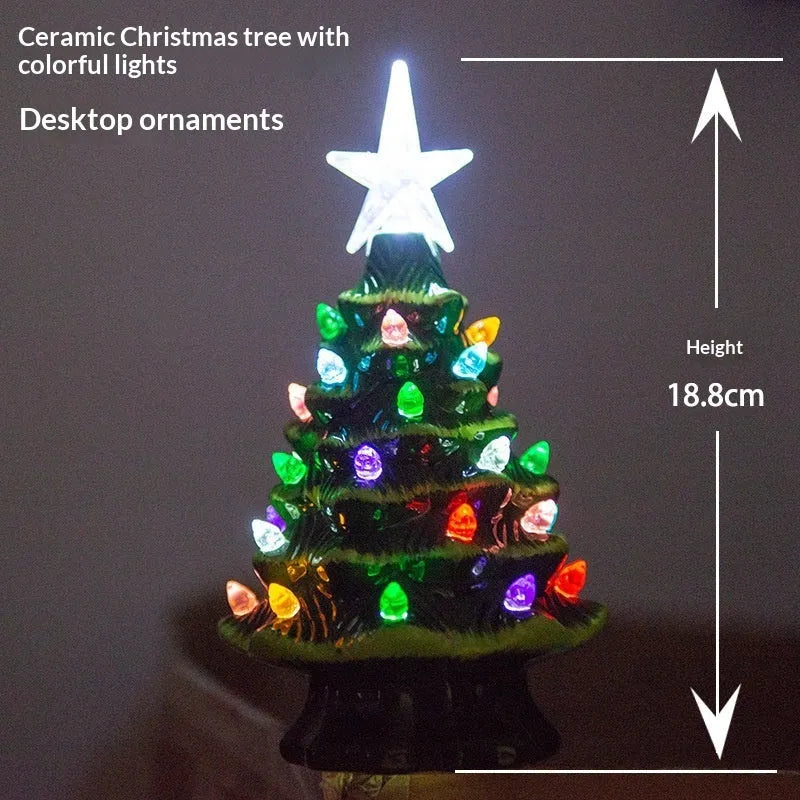 Modern simple white pottery LED Christmas tree ornament with green or white finish on a tabletop