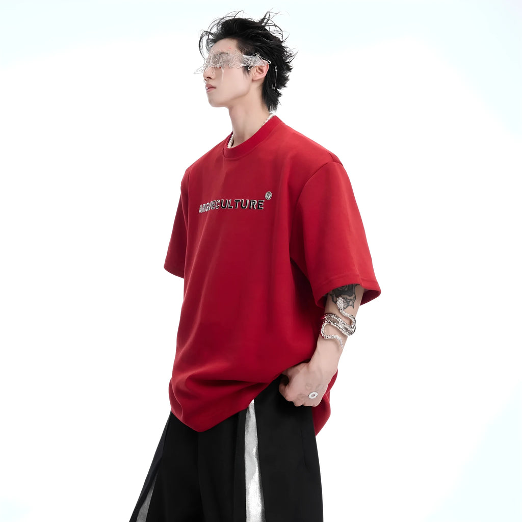 Men's snake pupil backbone embroidered heavy rivet short sleeve pure cotton T-shirt in cool black, loose fit pullover style