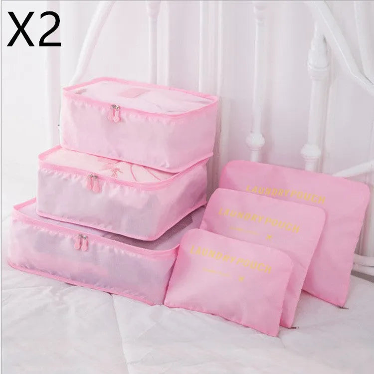 6 PCS travel storage bag set in polyester with handbag shape, multiple colour options for clothes and cosmetic organisation