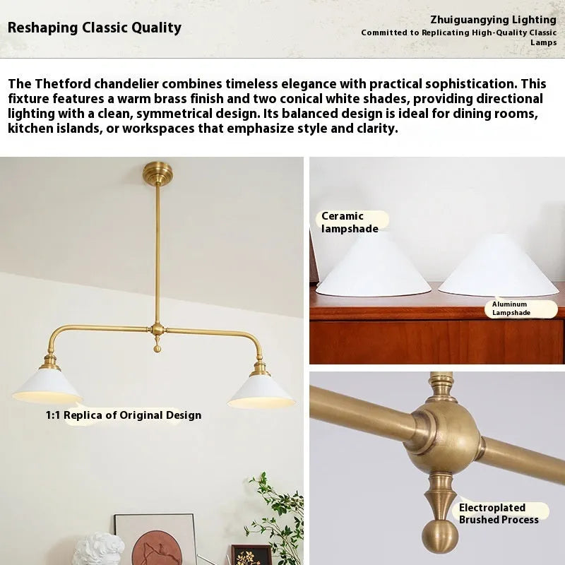 All copper American retro linear chandelier with warm LED light over kitchen island, aluminium lampshade option