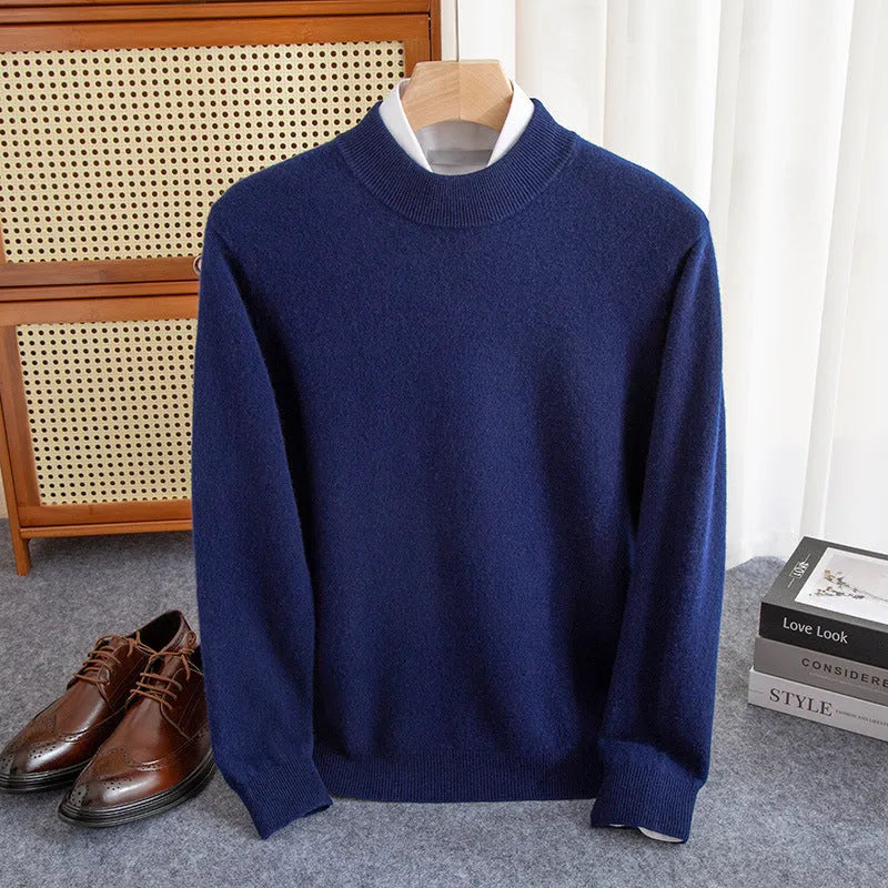 Men's half-collar loose fit wool sweater in a range of colours including black, brown, camel, grey, blue, and red.