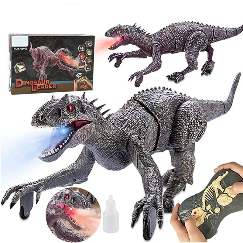 Simulated dinosaur model toy in grey with remote control, 3D eyeballs, and body swing features
