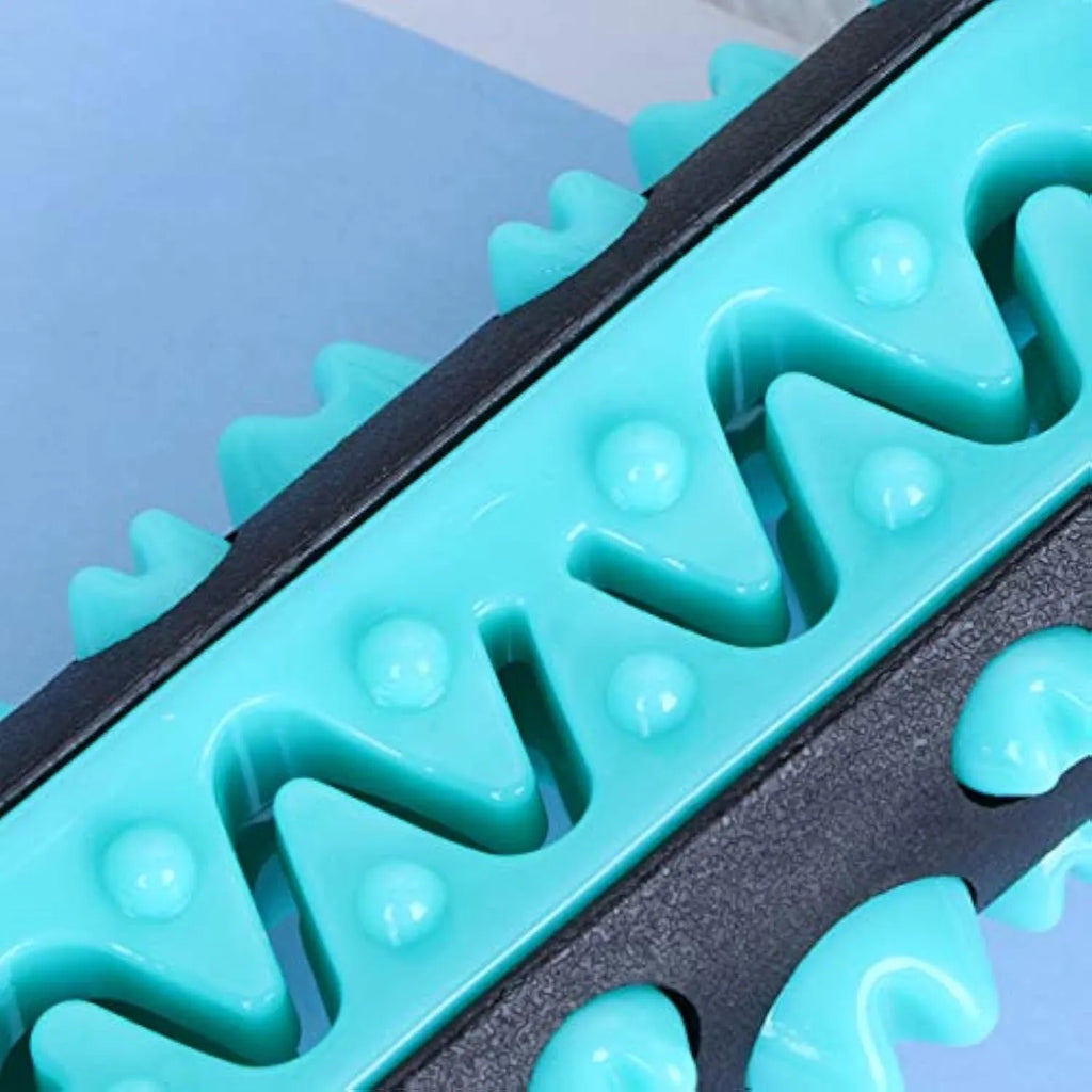 Natural rubber dog dental chew toy in blue, showing textured toothbrush design.