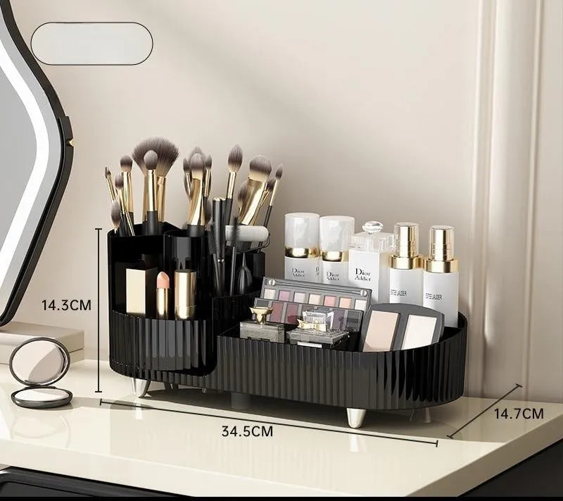 Rotating cosmetics storage box organiser for makeup brushes and cosmetics on dresser table