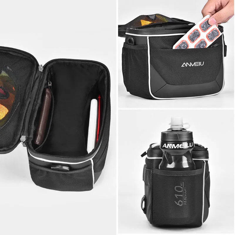 Black 7-inch bicycle handlebar bag with scooter head folding design mounted on bicycle