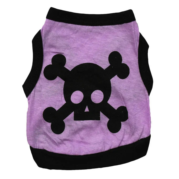 Blue Halloween dog vest with white skull bones pattern on colour block cotton fabric