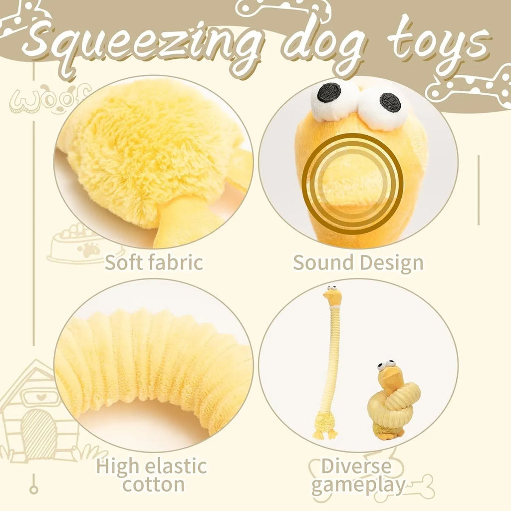 Foldable plush dog toy in brown, grey, or yellow with squeaker and crinkle sounds