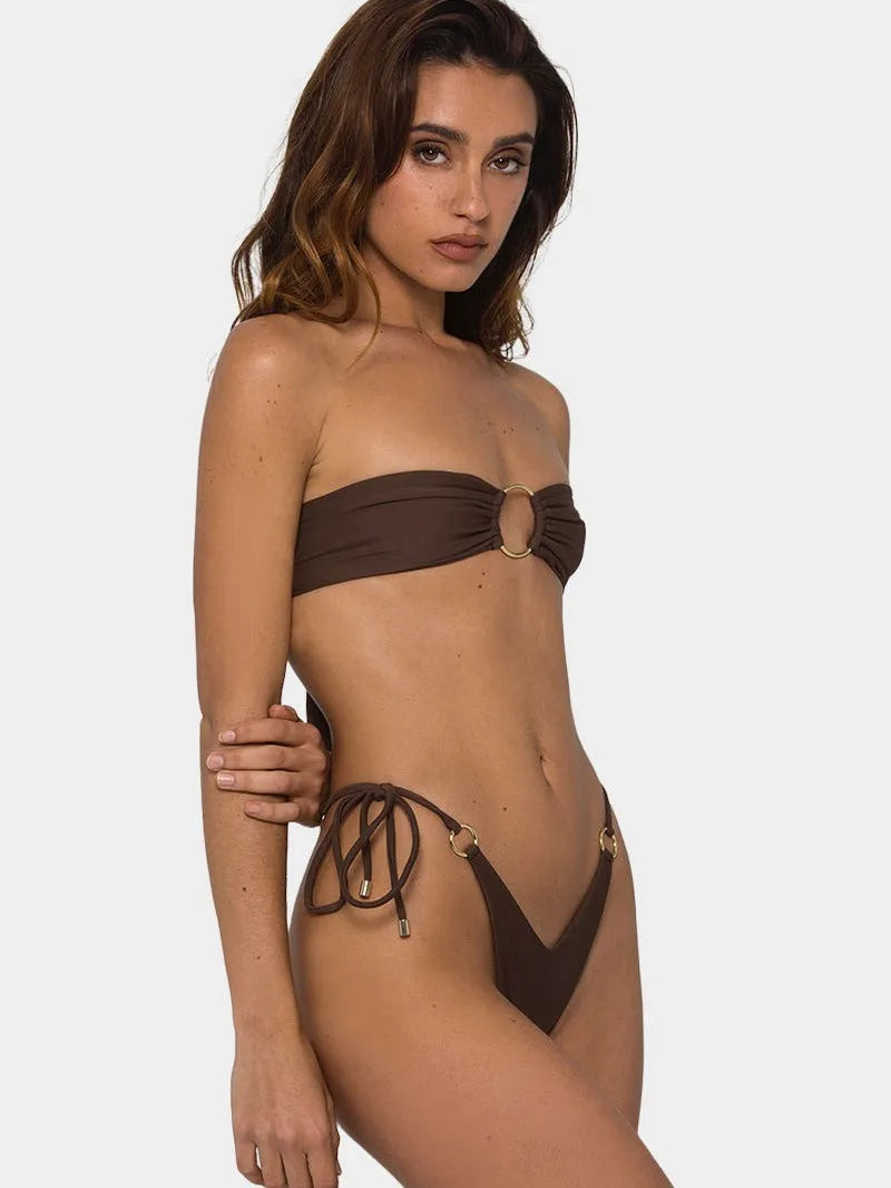 Brown women's tube top ring tether push up bikini swimsuit laid flat.