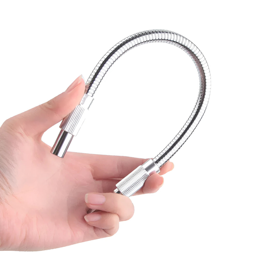 Silver metal flexible shaft tool accessory with a 6.35mm shank for cordless drills and electric grinders.