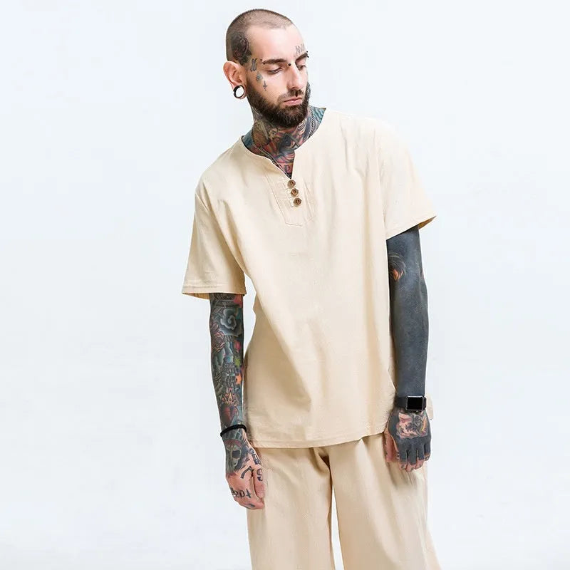 Men's loose cotton linen blend T-shirt in grey shown on model