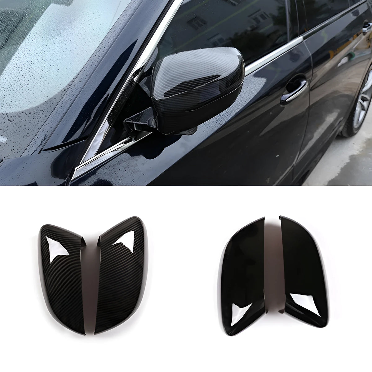 ABS wing mirror covers for BMW 5, 6 and 7 Series in carbon fibre pattern or piano black, 2-piece set