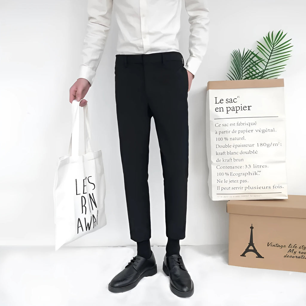 Men's Korean-style straight leg cotton pants in black, gray, or khaki with drawstring waist