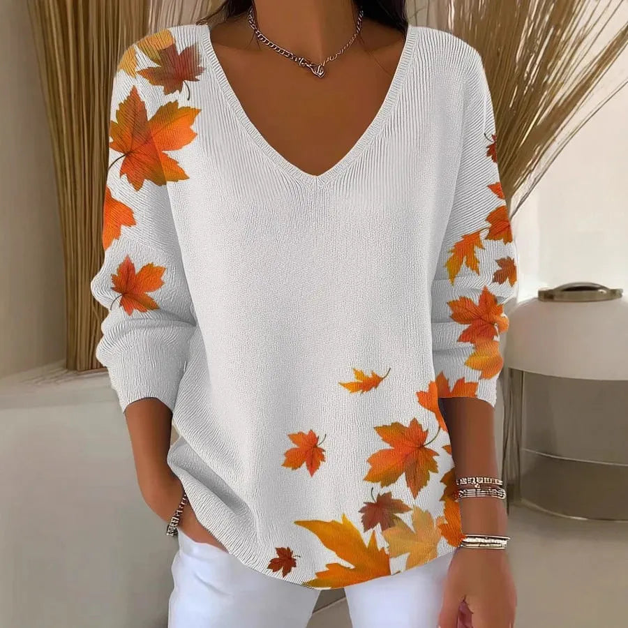 Women's V-neck long sleeve pullover top with 3D digital print and contrast colour in street fashion style