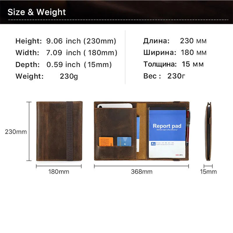 Brown Crazy Horse leather A5 notebook protective sleeve for 14.8x21cm paper notebooks