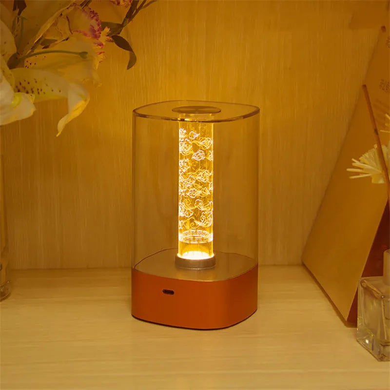 USB rechargeable LED touch atmosphere lamp in rose gold finish with abstract patterned shade