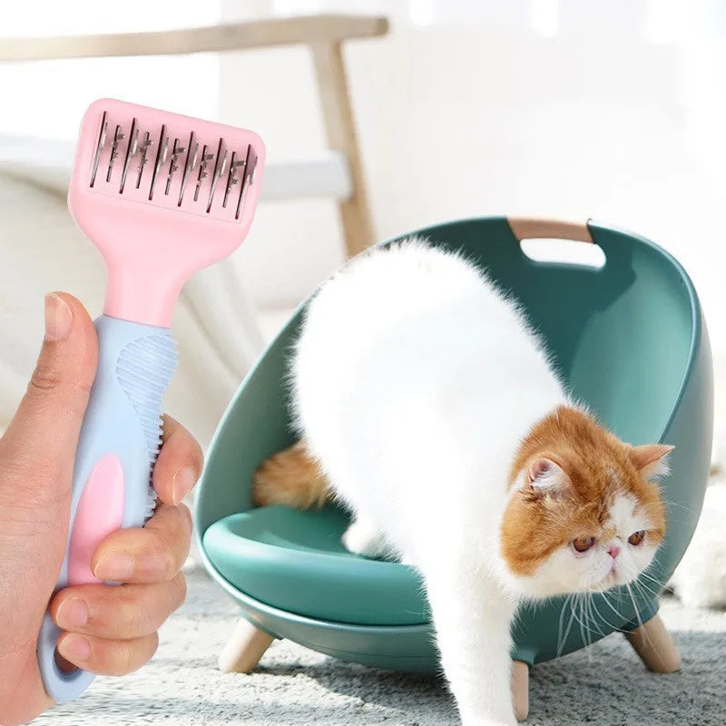 Stainless steel pet grooming comb with knot knife, pink colour option, 170mm handle