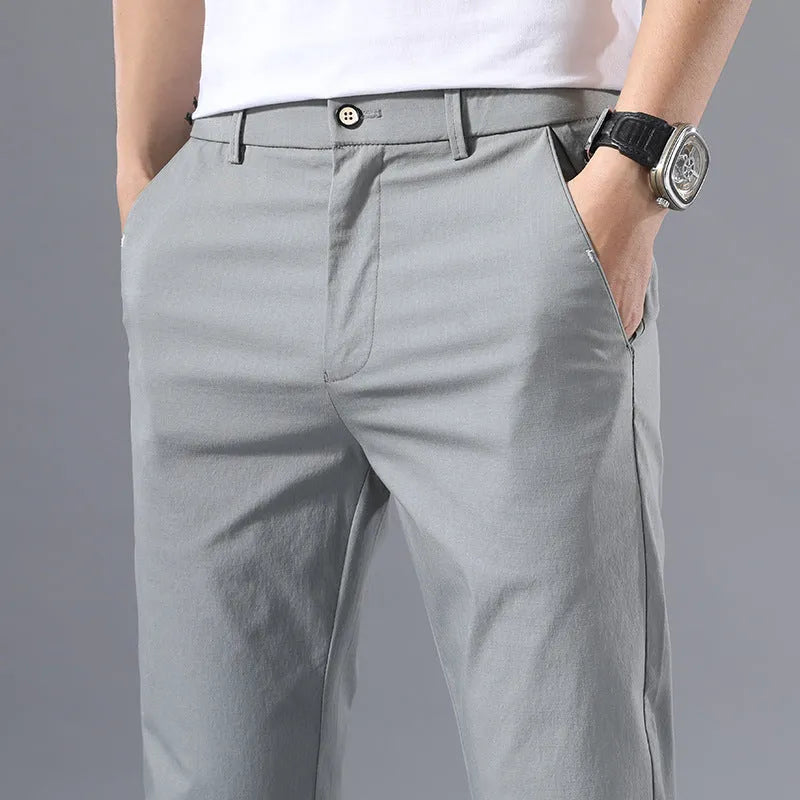 Men's summer casual trousers in straight-leg cut, thin cotton fabric, plain design, shown in black