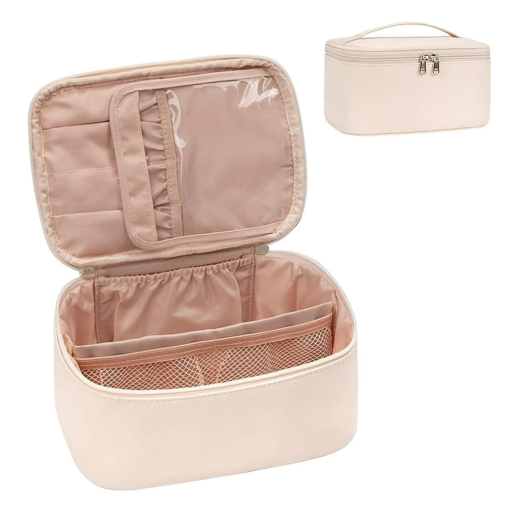 Black large capacity cotton cosmetic bag with handbag handle and nylon lining on plain background