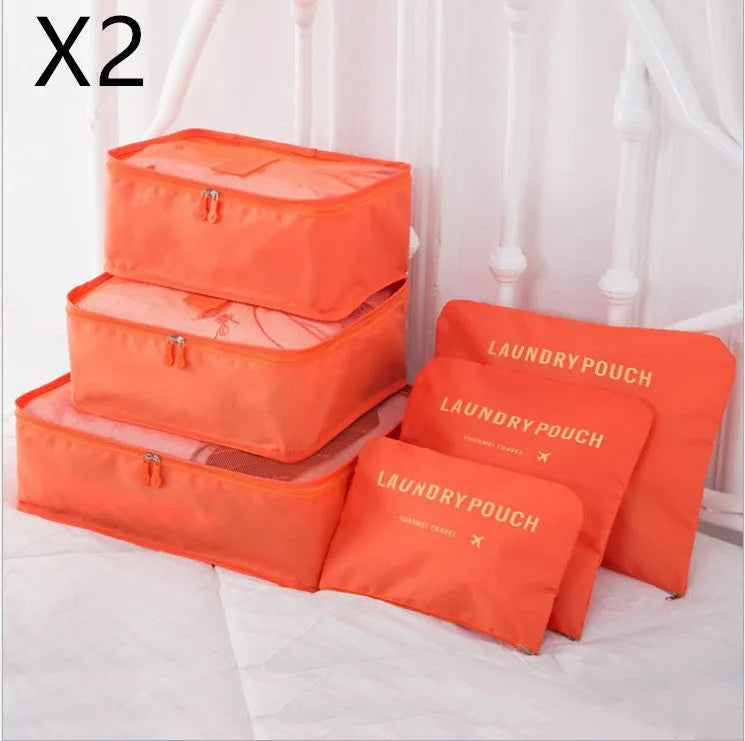 6 PCS travel storage bag set in polyester with handbag shape, multiple colour options for clothes and cosmetic organisation