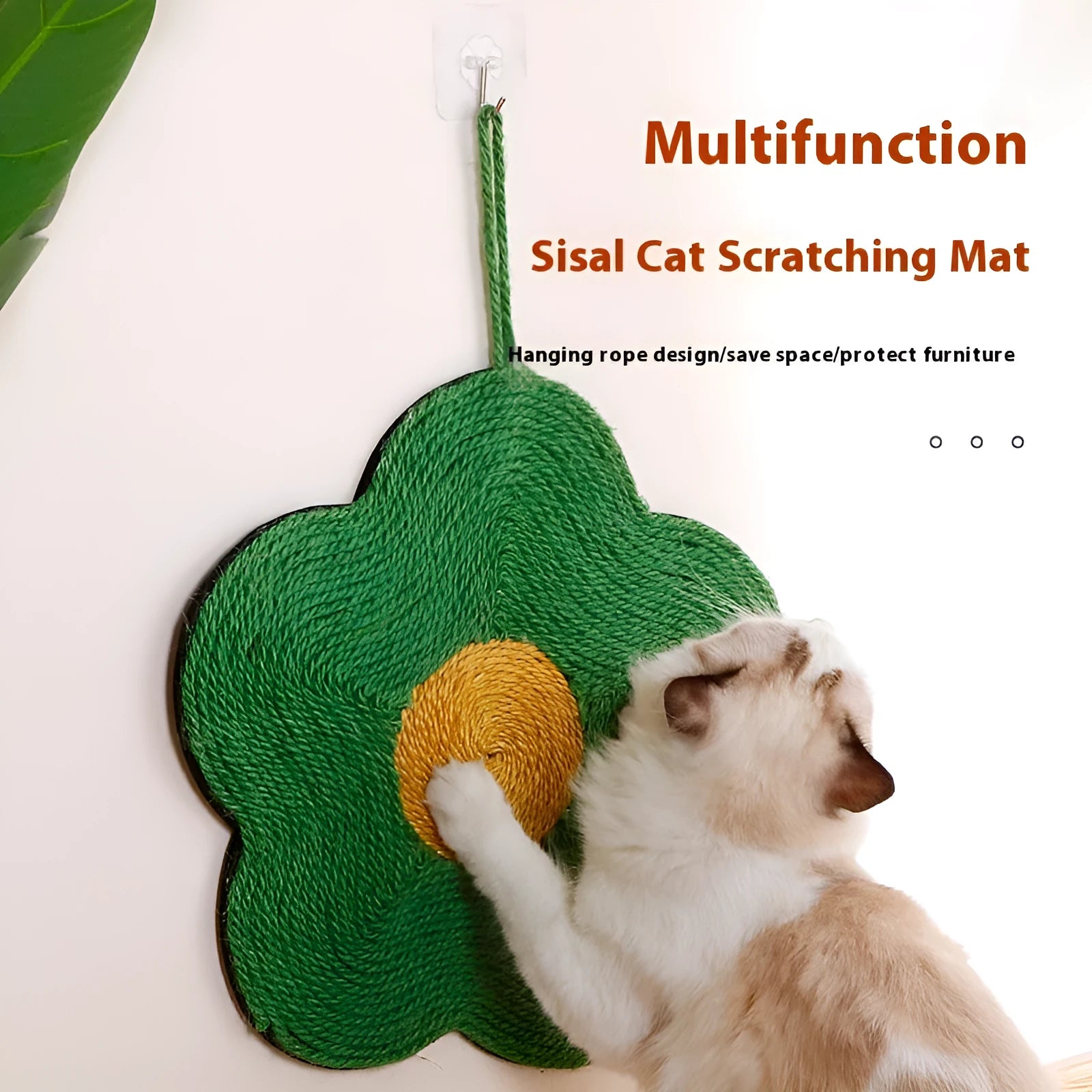 Sisal cat scratching board in various colour patterns including green flower, red flower and dog designs