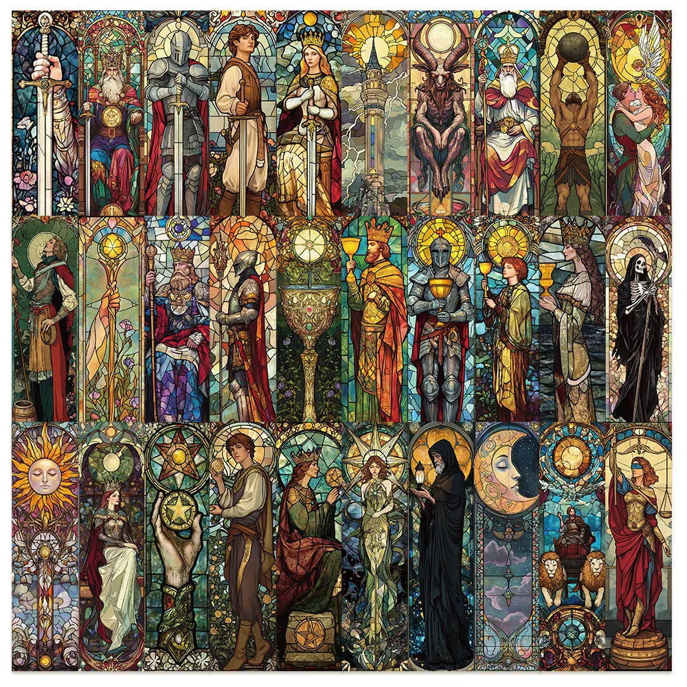 Set of 30 painted glass tarot design paper bookmarks in A5 size.
