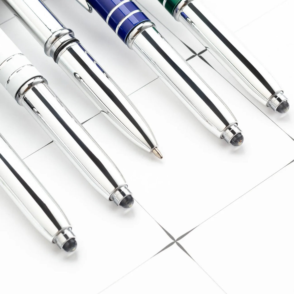 Multifunctional metal ballpoint pen with capacitive stylus tip and LED light in red, black, white, green, and blue colour options.