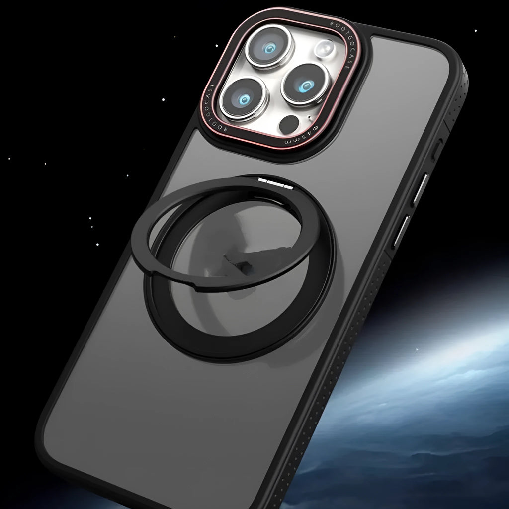 Black silicone phone case with rotary invisible bracket for iPhone, showing magnetic adhesive side and frosted finish