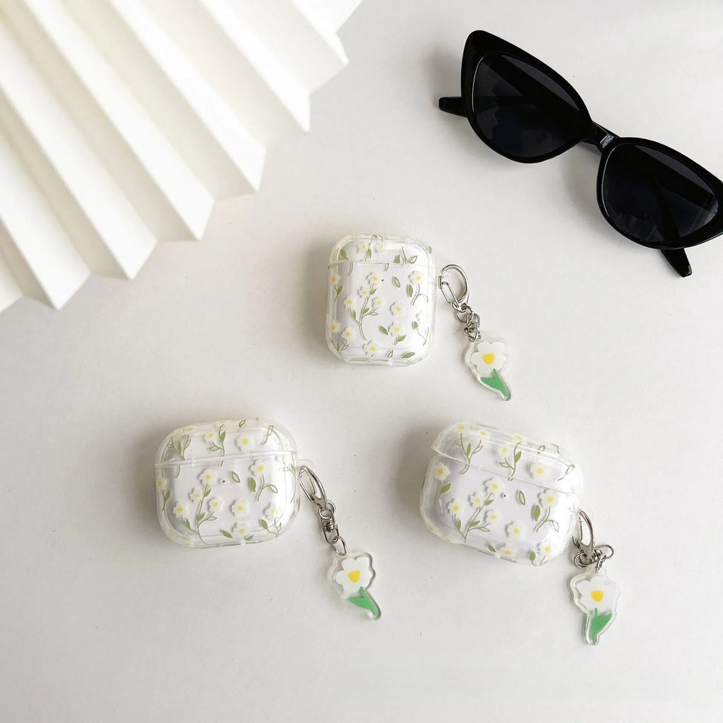 White floral pattern transparent TPU soft cover for Apple AirPods charging case.