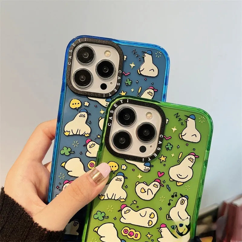 Little Duck creative phone case in green flash acrylic finish, drop-resistant PC hard case for Apple iPhone, cartoon duck design