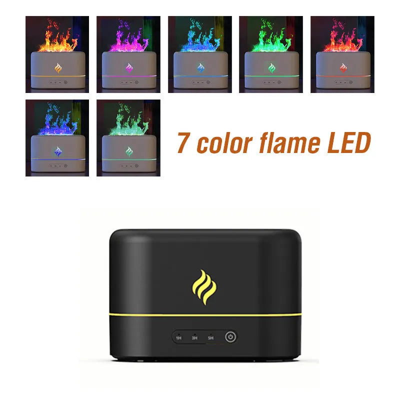 White USB aromatherapy humidifier with seven-colour LED flame effect showing mist outlet.