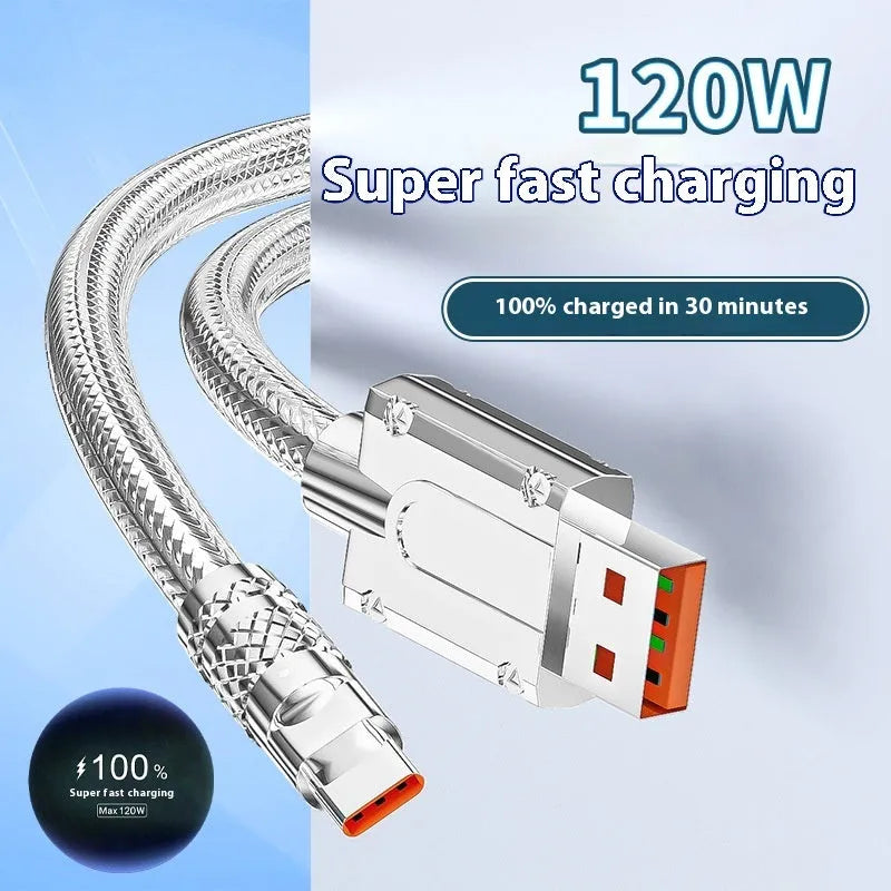 Type C silver grey woven braided data cable with 6A super fast charge and 1.5 metre length