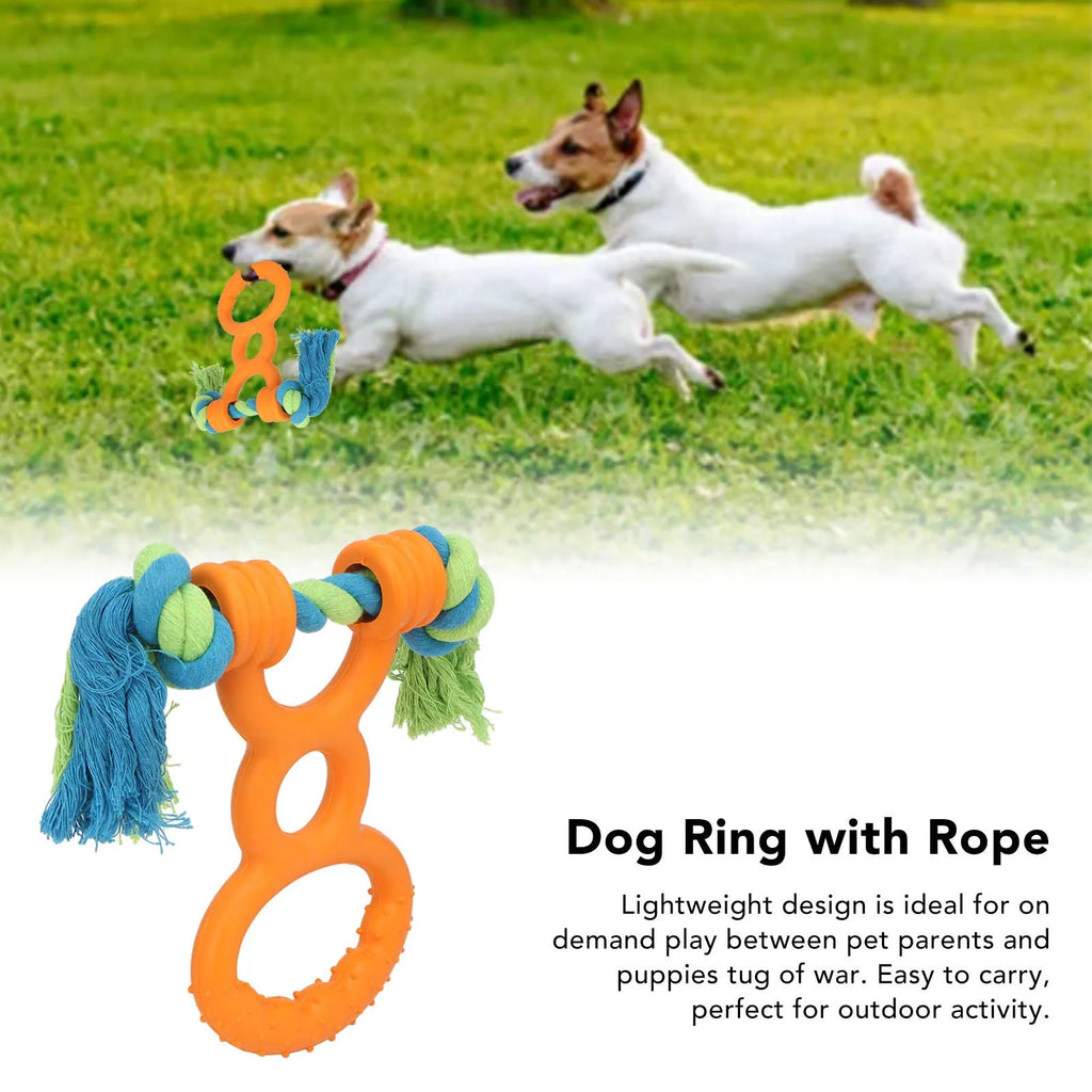 Dog rubber ring rope toy in orange colour with cotton rope handle on a white background