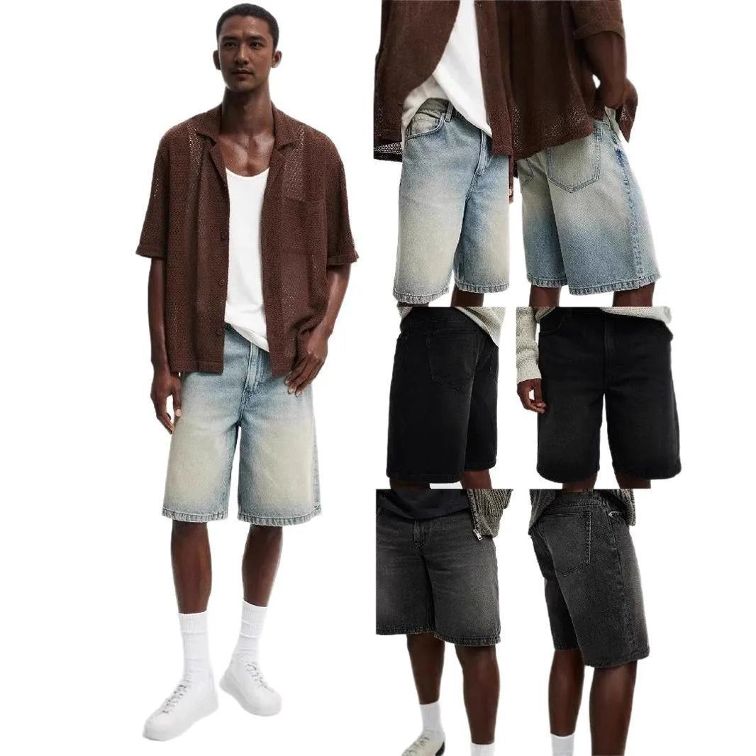 Men's loose fit straight-leg jeans trousers in light blue, black, and grey cotton denim.