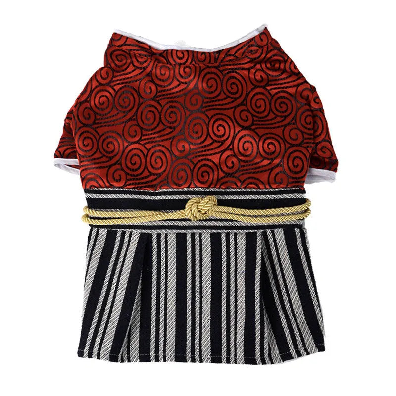 Japanese kimono dog warrior costume in black or red polyester pet clothing, sizes S to XL.