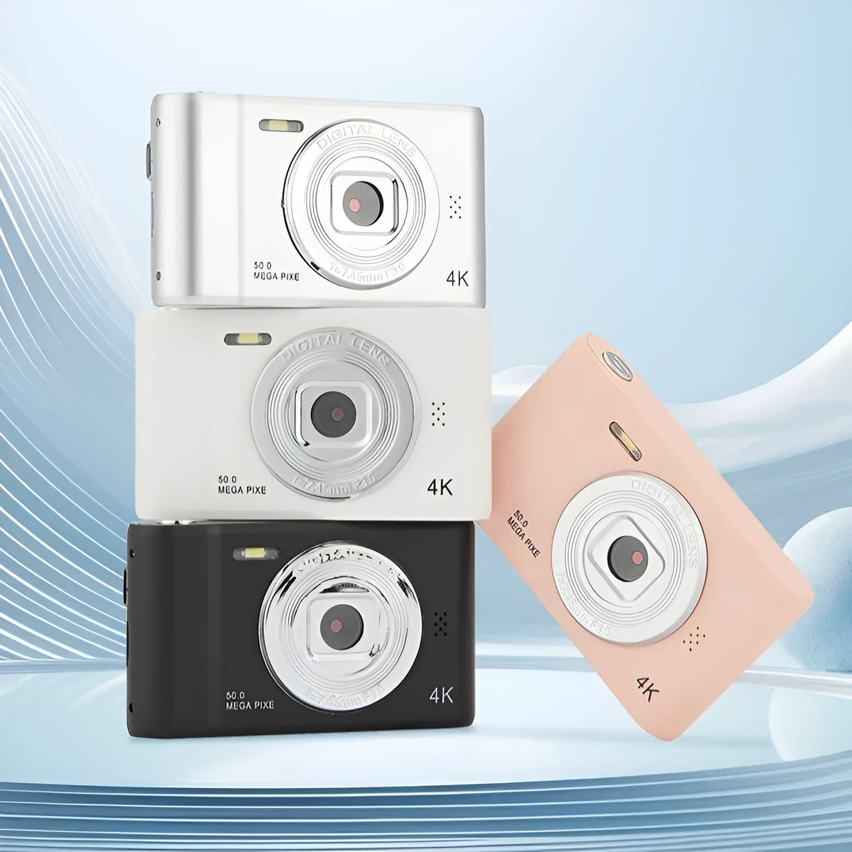 Retro digital selfie camera with 48 million pixels and 4K, ABS body, available in black, silver, ivory white, or pink.