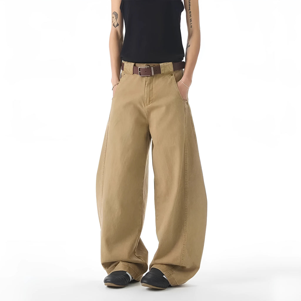 Brown men's casual jeans with loose straight leg fit and button-fly front closure