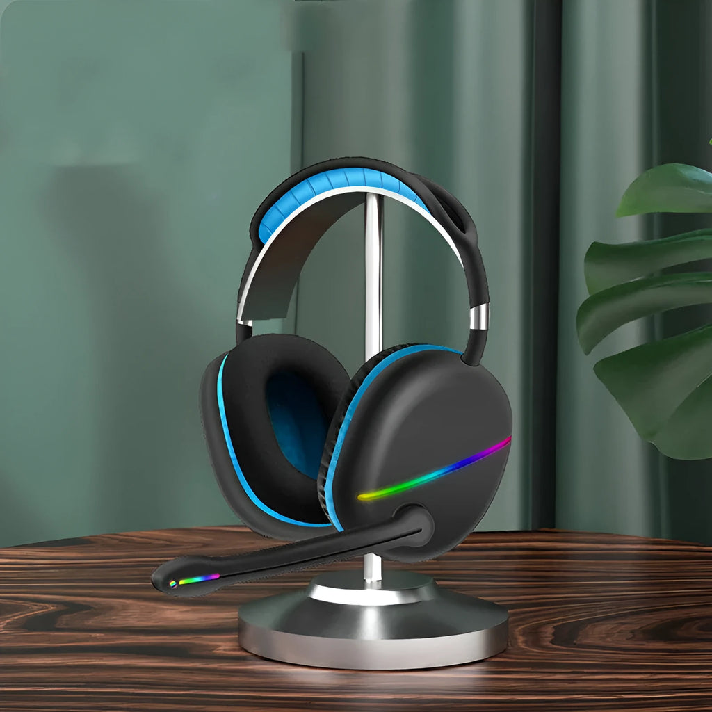 Headworn Bluetooth earphones with RGB colour lights in blue, pink, or red