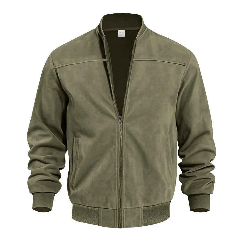 Men's plus size suede-look zip-up casual jacket in army green shown on a model.