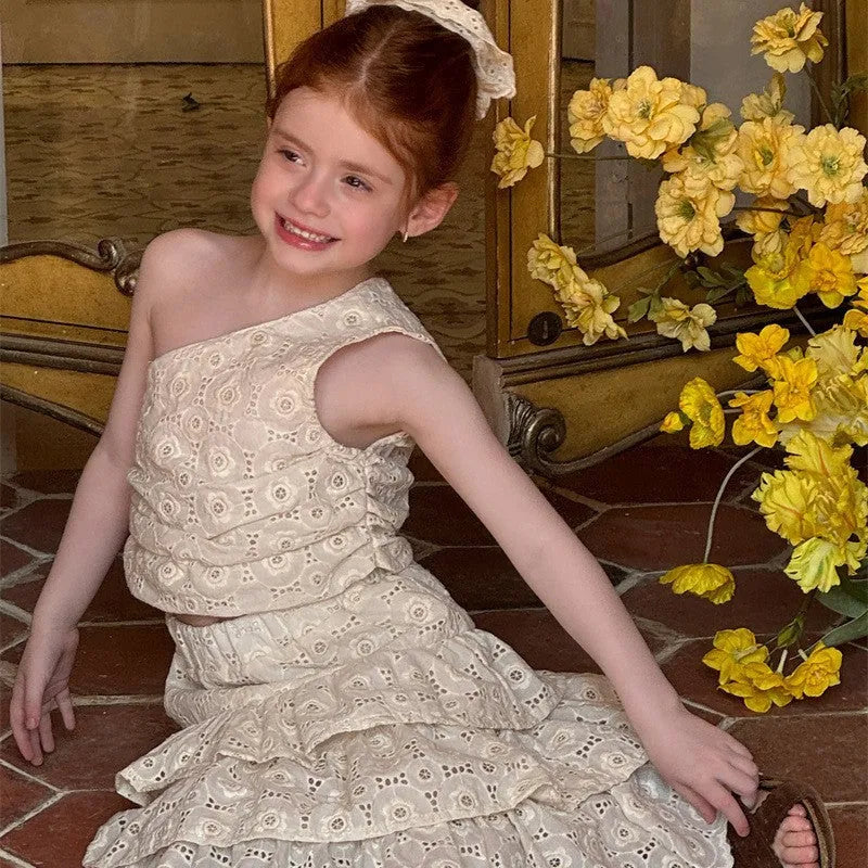 Girls' milky white cotton summer dress set with floral embroidery and oblique shoulder strap, sleeveless cake dress