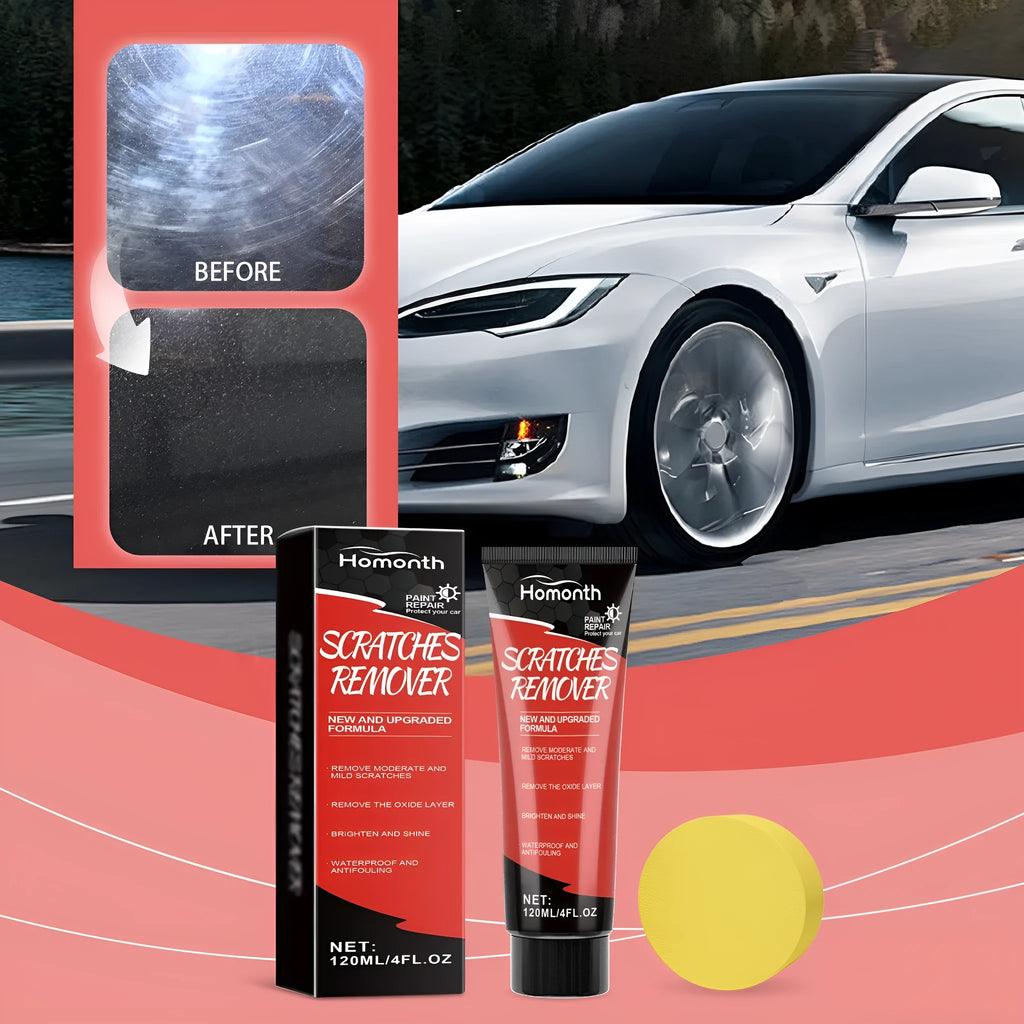 Car scratch repair polishing wax 120ml bottle with sponge applicator on white background