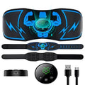 Blue EMS abdominal muscle stimulator belt with wireless remote control and rechargeable power source