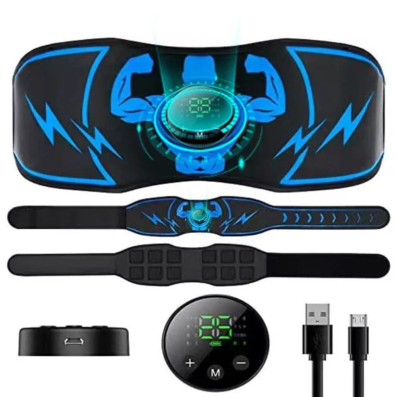 Blue EMS abdominal muscle stimulator belt with wireless remote control and rechargeable power source