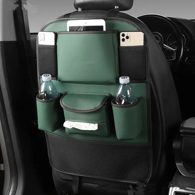 Genuine leather car seat back storage bag in black, grey, green, or brown colour options