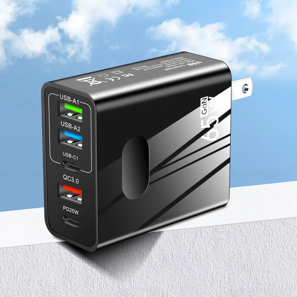 Fast charging Type-C PD three USB multi-port travel charger with EU UK US plug adapters in black