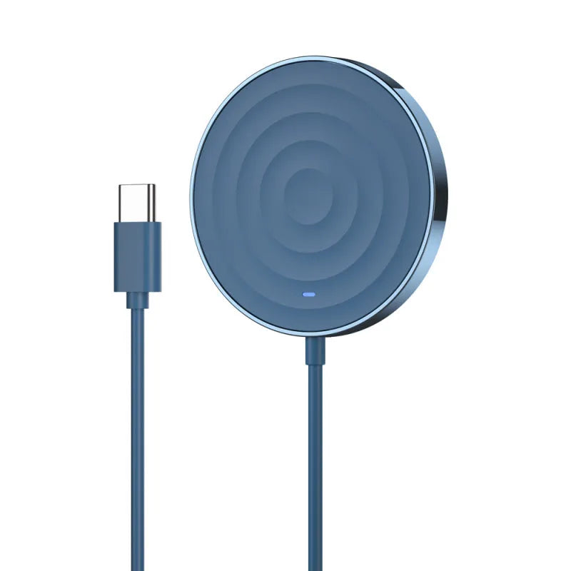 Magnetic wireless charger 15W fast charging for iPhone 12 Pro, blue colour, on a desk