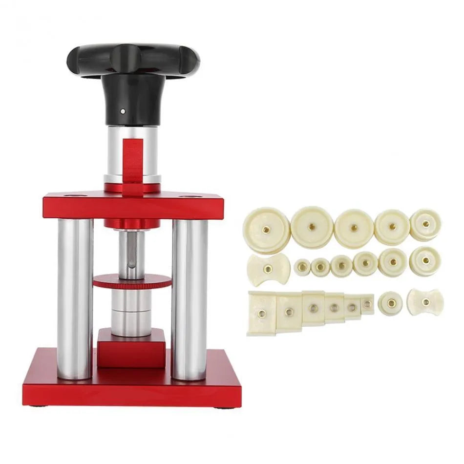 Watch repair spiral cap presser tool with a set of twenty plastic moulds for watch back covers.